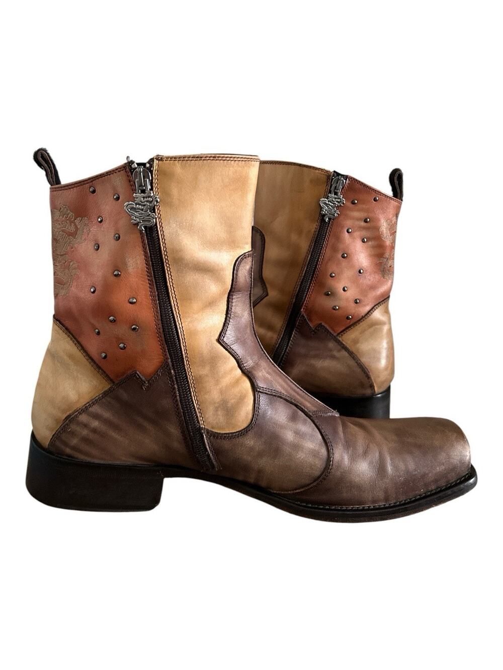 Mark Nason "Rock Never Dies" multi-tone brown leather patchwork boots. Size 12